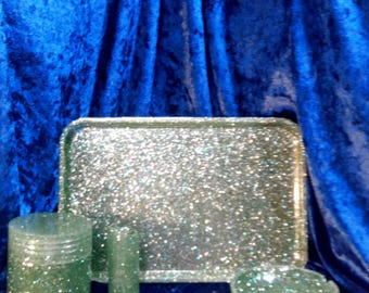 Emerald Nebula Rolling set. Handmade glittery Tray, Jar, ash tray, lighter cover.