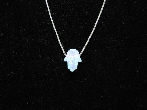 White Opal Hamsa Necklace on Fine Sterling Silver Chain, Delicate