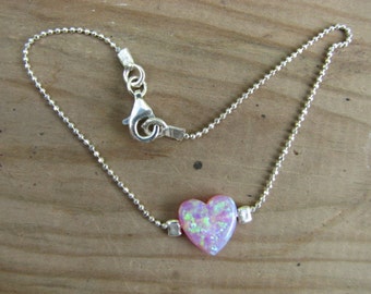 Delicate Pink Opal Heart Bracelet Sterling Silver Chain