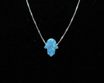 Opal Hamsa Necklace on fine Sterling Silver Chain, Turquoise Blue Dainty Hand Charm