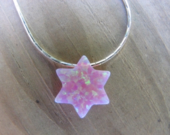 Pink Opal Star of David Pendant on Sterling Silver Chain Necklace Sideways