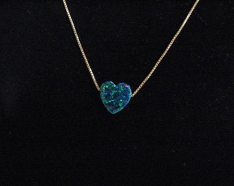 Deep Ocean Blue Opal Heart Charm Pendant on 14K Gold Chain Necklace