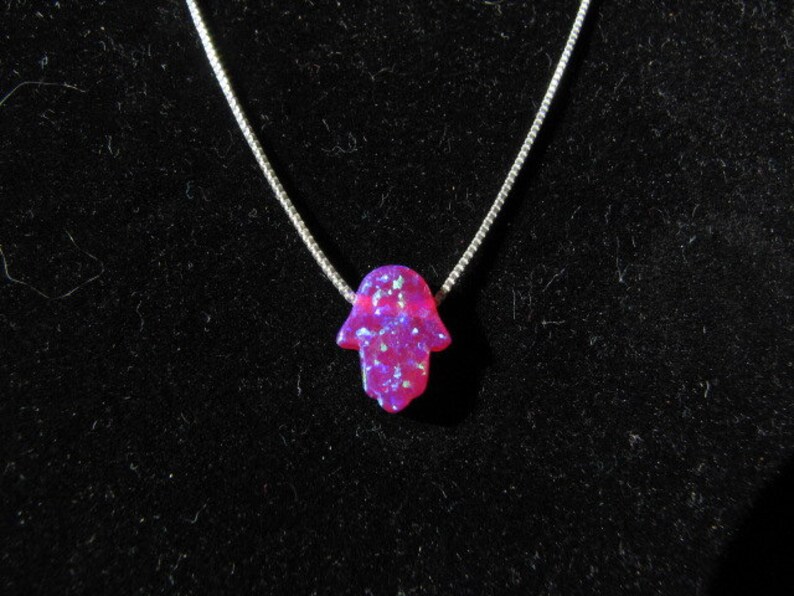 Beautiful Violet Opal Hamsa Necklace, Sterling Silver Chain, Purple Shade Opal Hamsa Hand Pendant image 1