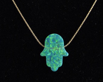 Green Opal Hamsa Hand Pendant Necklace on Gold fill chain