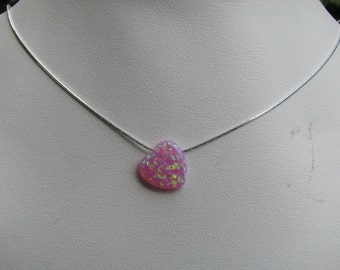 Sideways Pink Opal Heart Necklace Sterling Silver Chain