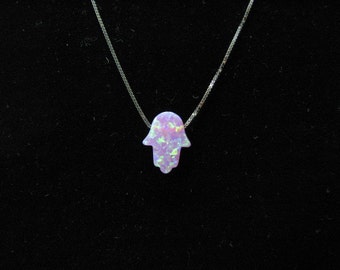 Romantic Pink Opal Hamsa Hand Pendant Necklace with 14K White Gold Chain