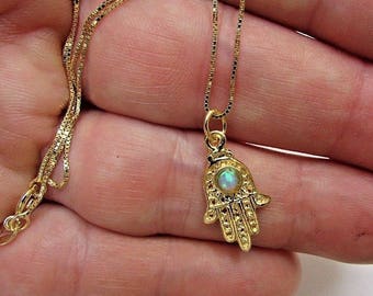 Gold Hamsa Necklace, 14K Goldfilled Hamsa Charm with Opal Bead on Goldfill Chain, Gold fill Hamsa Pendant with Opal, Lucky Necklace