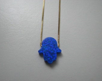 Deep Ocean Blue Opal Hamsa Necklace with 14K Yellow Gold Chain, Original Hand Charm Pendant