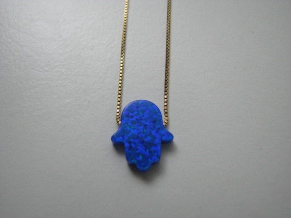 Deep Ocean Blue Opal Hamsa Necklace With 14K Yellow Gold Chain