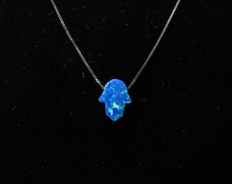 Ocean Blue Gold Opal Hamsa Necklace with 14K White Gold Chain, Dark Blue Opal Hamsa Necklace, Hamsa Charm Necklace