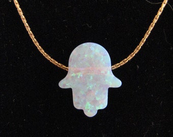 Pink Opal Hamsa Hand Necklace on 14Kt Gold fill chain