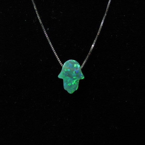 Green Opal Hamsa Hand Necklace, 925  Sterling Silver Chain