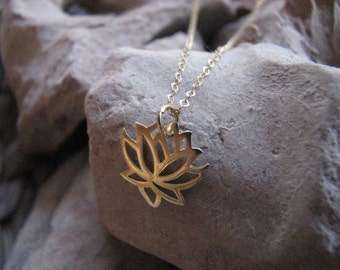 Gold Lotus Necklace on Gold filled chain, Authentic Yoga Charm Pendant, Yoga Jewelry, Gold Cable Chain Necklace