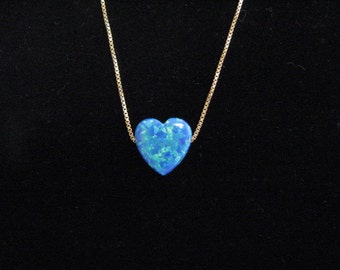 Blue Opal Heart Charm Pendant on 14K Gold Chain Necklace