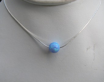 Opal Bead Necklace, Blue Opal Single Bead Necklace, Opal Necklace, Ball Necklace, Sterling Silver Chain