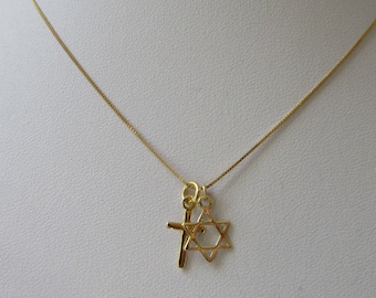 14K Gold Interfaith Necklace, Gold Star of David Pendant and Cross Charm Coexist Jewelry, Simple Classic and Pretty