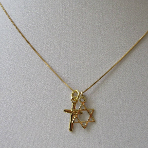 14K Gold Interfaith Necklace, Gold Star of David Pendant and Cross Charm Coexist Jewelry, Simple Classic and Pretty