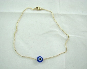 Evil Eye Bracelet, Tiny Cobalt Blue Evileye Bead on Delicate Gold fill Chain