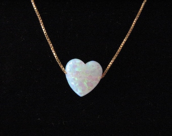 White Opal Heart Charm Pendant Necklace on 14K Yellow Gold Chain