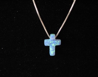 Opal Cross Necklace on fine Sterling Silver Chain, Pretty Dainty Charm