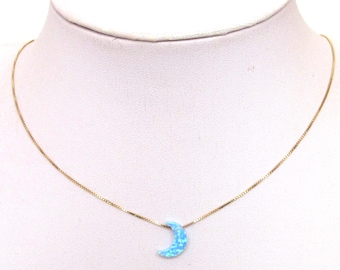 14K Gold Opal Crescent Moon Charm Necklace, Beautiful Minimalist Jewelry
