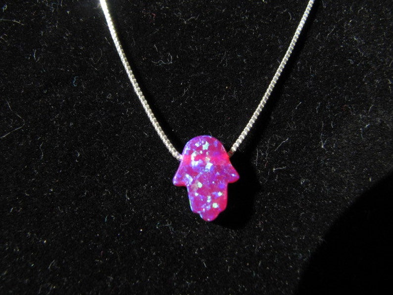 Beautiful Violet Opal Hamsa Necklace, Sterling Silver Chain, Purple Shade Opal Hamsa Hand Pendant image 2