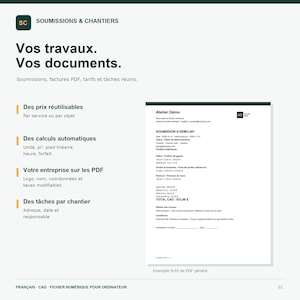 PDF-Angebote und Rechnungen für Bauunternehmer, Quadratmeterberechnung, Preise und Aufgaben, französisches Computertool