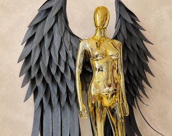 Dramatische grafietkleurige engelenvleugels – 200 cm schuimrubberen kostuumvleugels, grote donkere fantasievleugels, gotisch cosplaykostuum, engelenvleugels voor Halloween