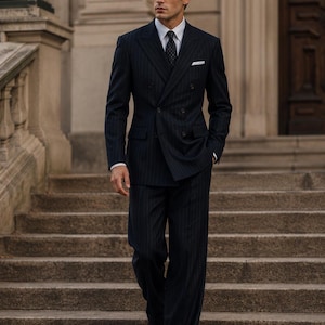 May include: A navy blue pinstripe suit with a double-breasted jacket and matching trousers. The suit is worn with a white dress shirt, a patterned tie, and black dress shoes. The person is walking down a set of stone steps.