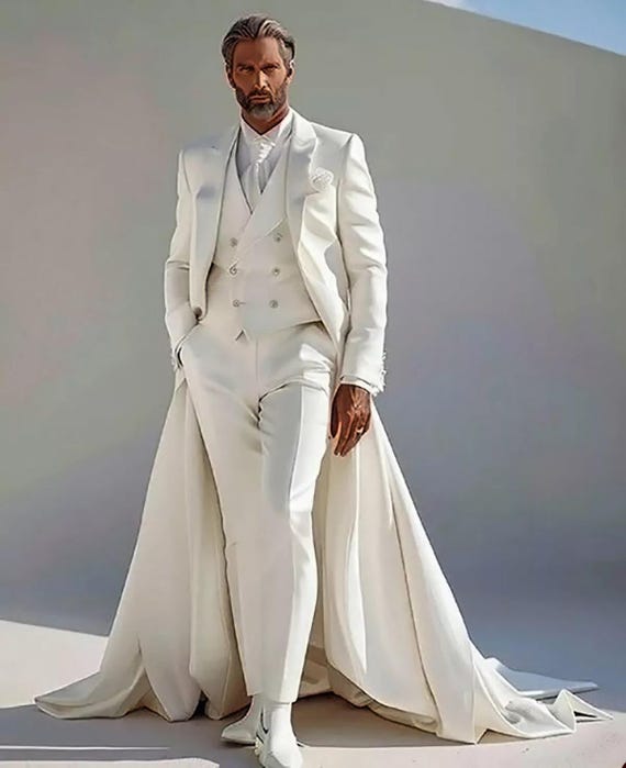 Men's White Tailcoat Suit with Cape – Royal Vintage Wedding Tuxedo – Bespoke Formal Attire