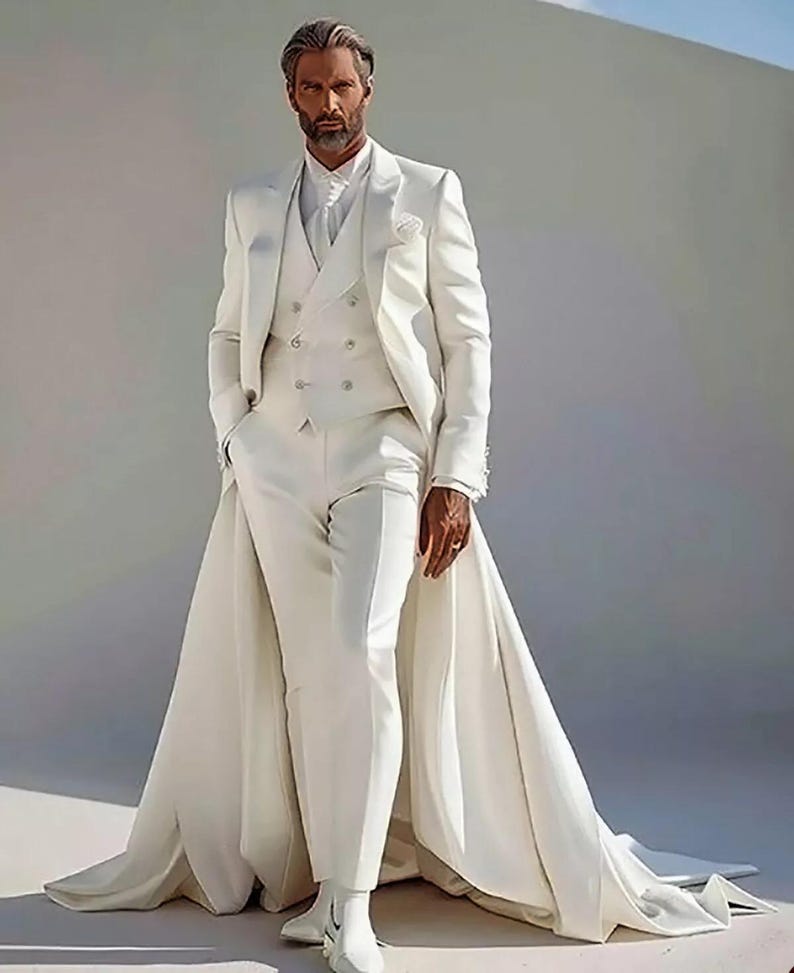 Puede incluir: Un traje blanco formal con una larga cola. El traje incluye un chaleco cruzado, una chaqueta y pantalones a medida. El conjunto se completa con botas blancas. El traje lo lleva una persona con barba.
