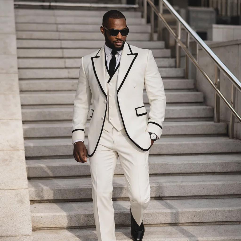 black and white dress suit Men's Double Breasted With Trim – Luxury Wedding Tuxedo Exquisite Wedding V-neck Long