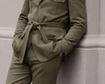 Men’s Olive Green Safari Suit – Belted 2 Piece Suit – Luxury Tailored Blazer & Trousers – Vintage Military Style Formal Outfit for Men
