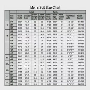 Puede incluir: Tabla de tallas de trajes para hombre, con medidas en cm para pecho, hombro, manga, chaqueta, cintura de pantal&oacute;n, cadera, entrepierna, altura y peso. Tallas de 34R a 64R.
