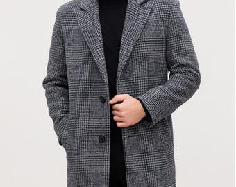 Herr svartvit ullöverrock, tjock vinterkappa för män, lång vintageullkappa, snygga ytterkläder för kallt väder