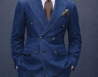 Traje de mezclilla de 2 piezas para hombre – Elegante traje de mezclilla azul para hombre – Conjunto casual formal de blazer y pantalón – Atuendo moderno para fiestas