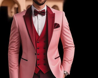 Traje de boda de 3 piezas para hombre en rosa burdeos con contraste: conjunto de chaqueta, chaleco y pantalón de diseñador.
