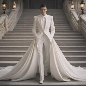 May include: A pristine white suit with an extended train. The jacket has sharp shoulders, and the trousers are tailored. The person is standing on a grand staircase, creating a dramatic effect.