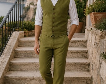 Conjunto de traje de boda bohemio de lino para hombre – Atuendo rústico para ceremonia en la playa – Chaleco y pantalón de lino informales para bodas en destinos exóticos