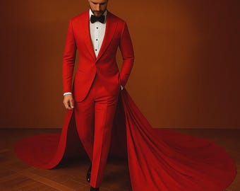 Traje de novio de cola larga con capa para hombre – Esmoquin de boda Royal Vintage