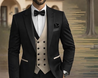 Men's Black 3 Piece Tuxedo Suit – Slim Fit Wedding Blazer with Double Breasted Vest