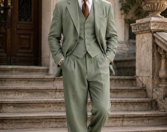 Abito da uomo a tre pezzi in lino verde salvia / Completo formale estivo da sposo per matrimonio
