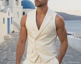Men’s Ivory Vest and Pants Set – 2 Piece Suit Without Jacket – Formal Wedding Waistcoat & Trousers – Elegant Groom Outfit
