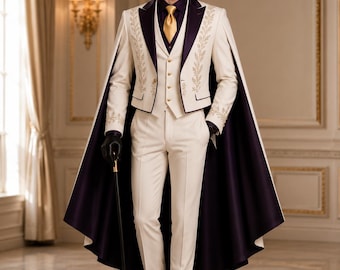 May include: A cream-coloured suit featuring a waistcoat, trousers, and a jacket with a cape attachment. The jacket and cape have dark purple lapels and gold leaf embroidery. The outfit includes a dark purple shirt, a gold necktie, and black gloves.