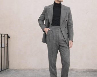 Grey Tweed Men's 2-Piece Suit – Slim Fit Wool Blend Blazer and Trousers Set