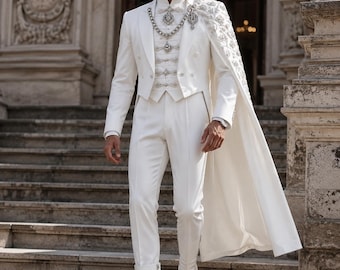Herren Ivory Bestickter Umhang | Luxus viktorianischer Frack Smoking, Gothic Hochzeits Outfit
