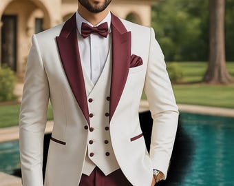Burgundy White 3 Piece Men Suit – Wedding Groom Suit for Men – Slim Fit Formal Prom Outfit – Elegant Coat Vest Pants Set Stylish Party Suit