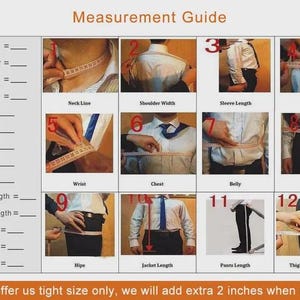 Puede incluir: Una gu&iacute;a de medidas con diagramas numerados que ilustran c&oacute;mo medir varias partes del cuerpo para ropa. Incluye medidas para el cuello, hombro, mangas, sisa, mu&ntilde;eca, pecho, vientre, cintura, caderas, largo de tela, largo de pantal&oacute;n, muslo, altura y peso.