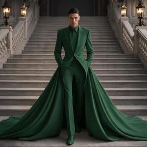 May include: A striking emerald green suit with a long, flowing train. The suit features a tailored jacket, matching trousers, and a collared shirt. The ensemble is set against a grand staircase, creating a dramatic and elegant look.