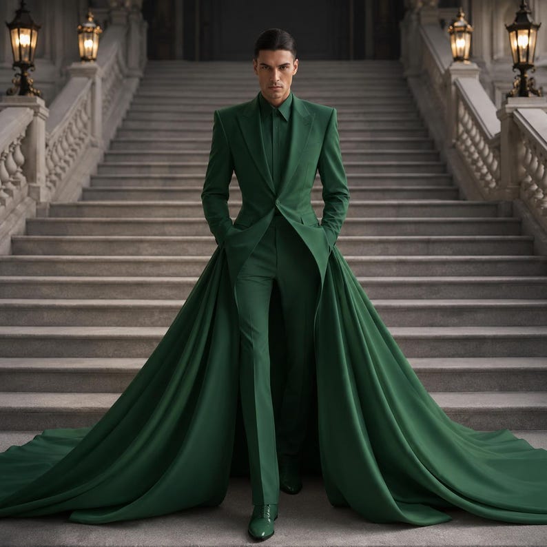May include: A striking emerald green suit with a long, flowing train. The suit features a tailored jacket, matching trousers, and a collared shirt. The ensemble is set against a grand staircase, creating a dramatic and elegant look.